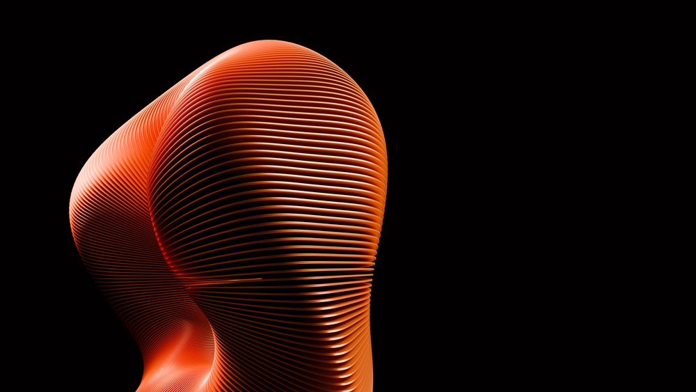 Digital illustration of an abstract 3D orange striped curved shape with a flowing sinuous form on black background.