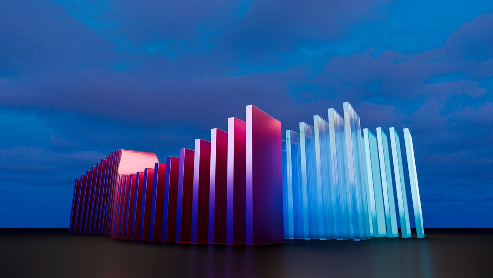 Abstract sculpture featuring colorful red, purple, and transparent panels arranged in a curved formation against a blue textured background in digital art style.
