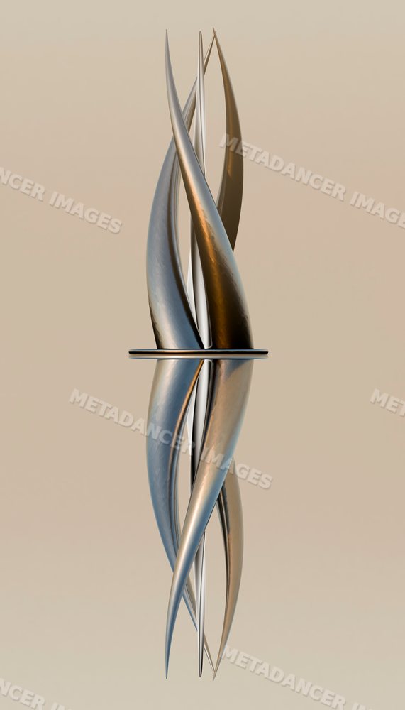 Abstract twisted metal sculpture with reflective surfaces on neutral