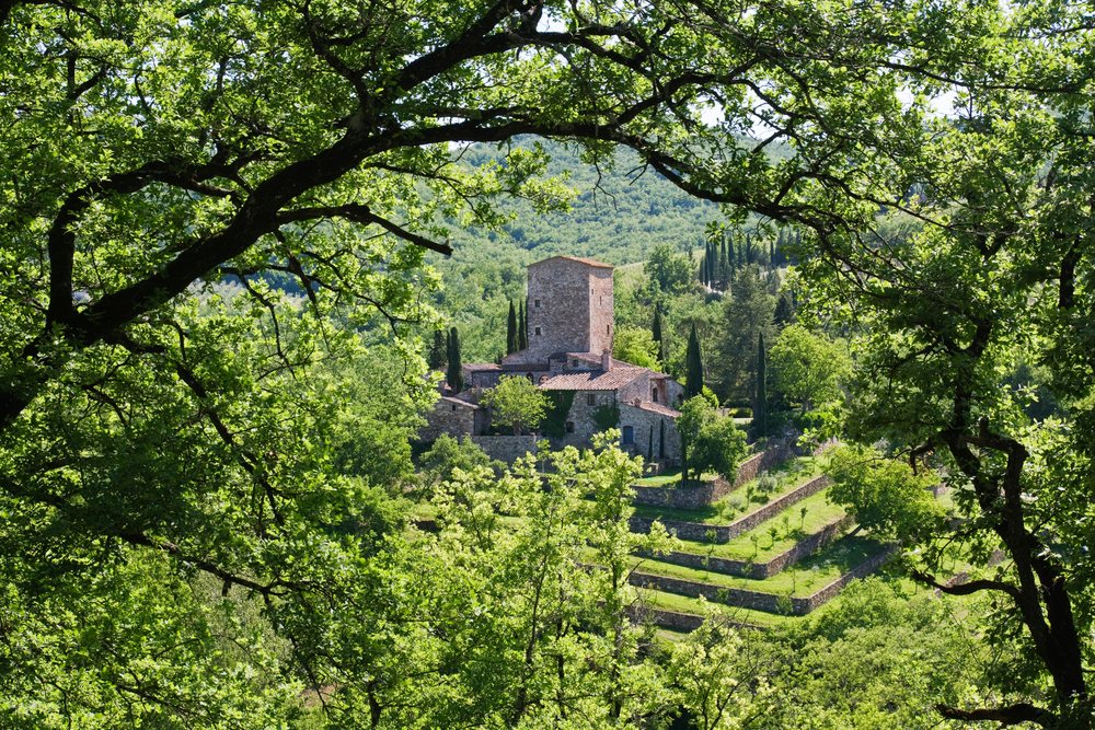 Stone farmhouse with terraced hillside and cypress trees, Tuscany, Italy.