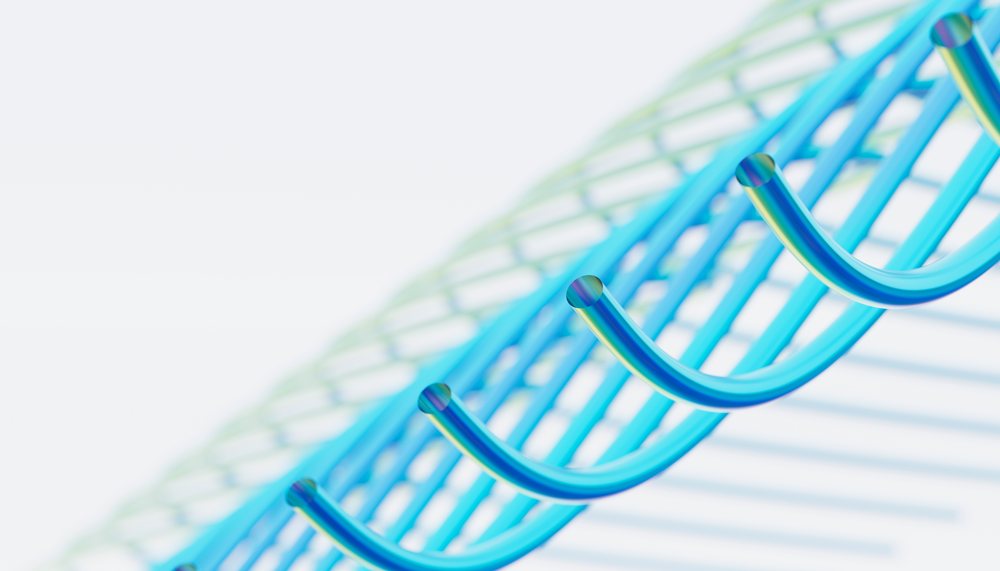 Close-up view of a blue transparent DNA double helix representing genetic structure and molecular biology.