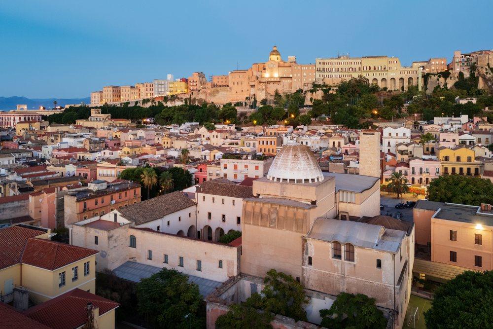 Evening cityscape of Chiesa di San Michele and historic buildings in the Stampace district of, Travel Photography, Cagliari, Sardinia, Italy.