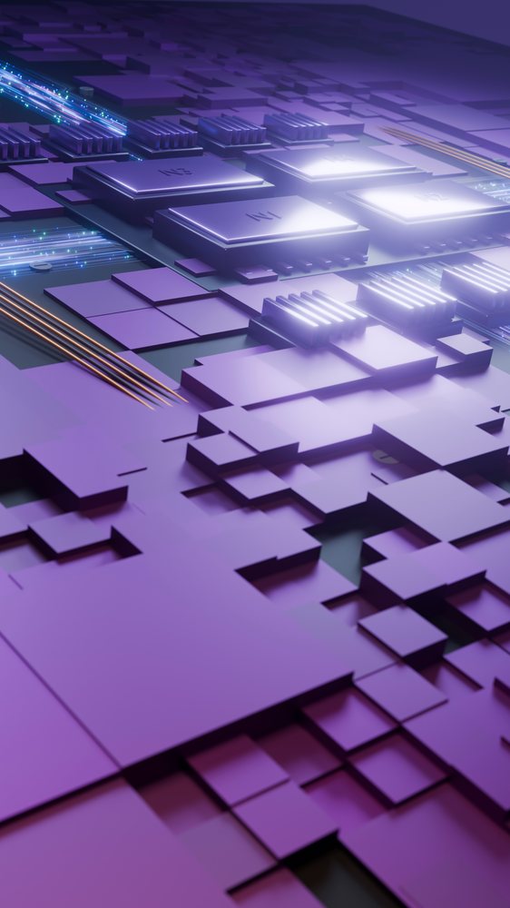 Close-up illustration showing a purple circuit board with microchips, electronic components, glowing lights, and electrical wire connections.