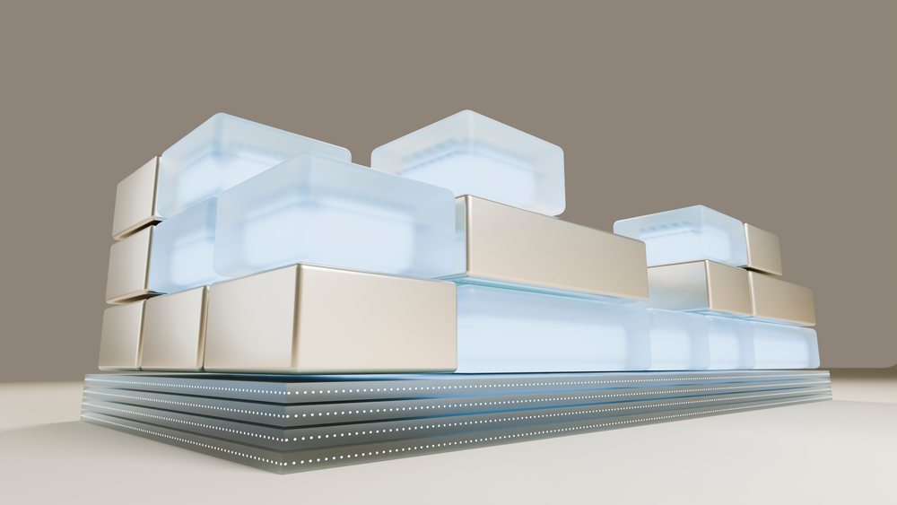 Digital 3D illustration of an abstract modern architectural structure with stacked rectangular blocks made of frosted glass and metallic finishes on an elevated platform.
