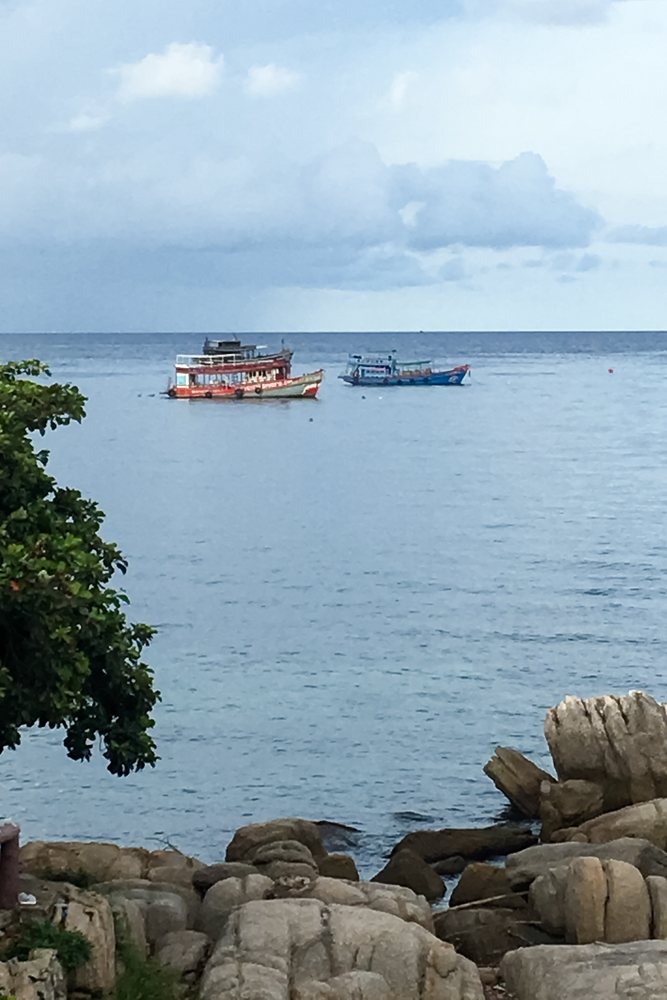 Two boats float on calm sea near a rocky shoreline with a tree branch and cloudy sky, Philippines.