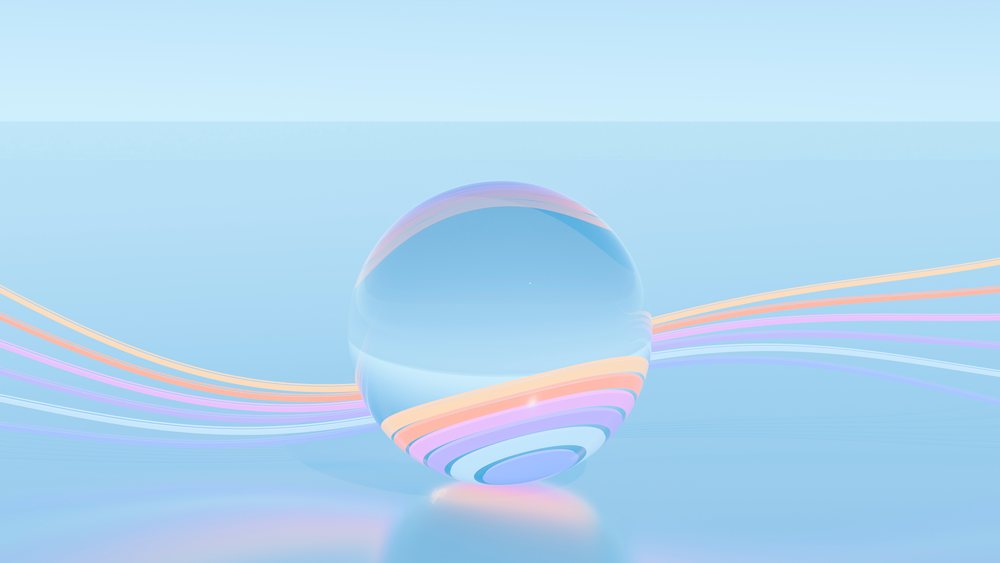 Colorful 3D sphere with flowing pastel curved lines on a reflective blue surface in a minimalist digital illustration.