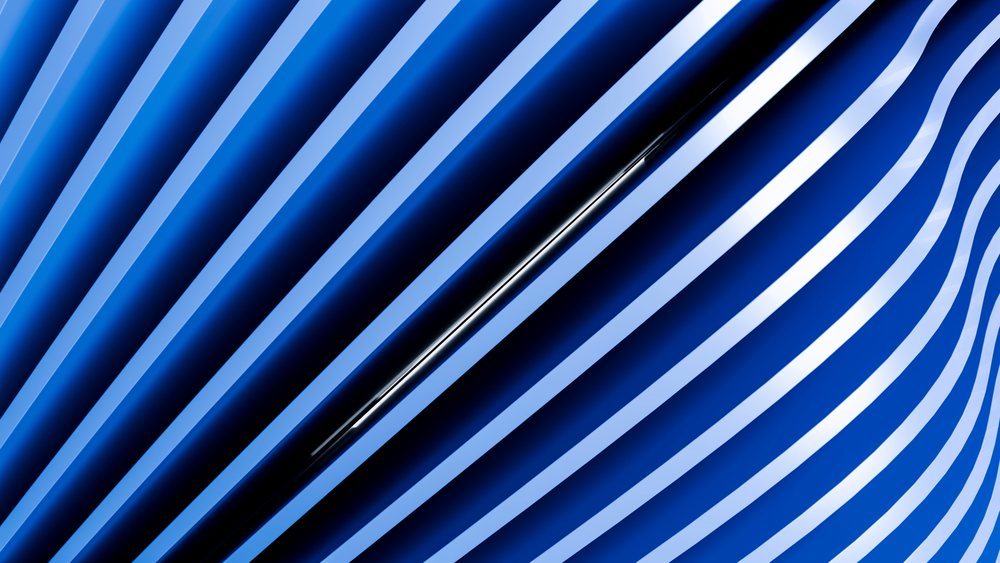 Abstract digital illustration with flowing blue and black striped waves forming a dynamic ripple pattern.