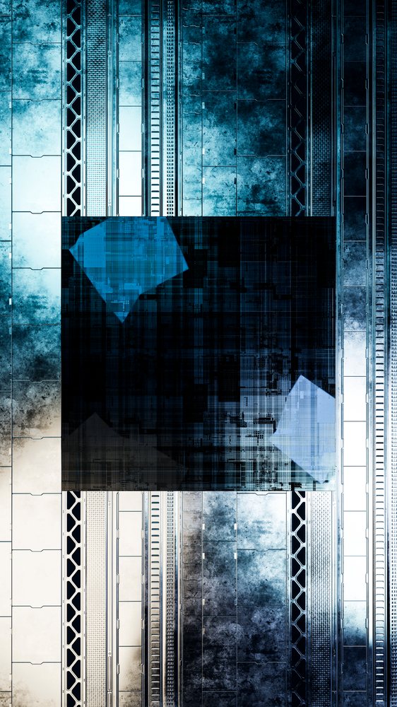 Abstract digital artwork showing vertical metallic panels with blue geometric shapes and grunge textures.