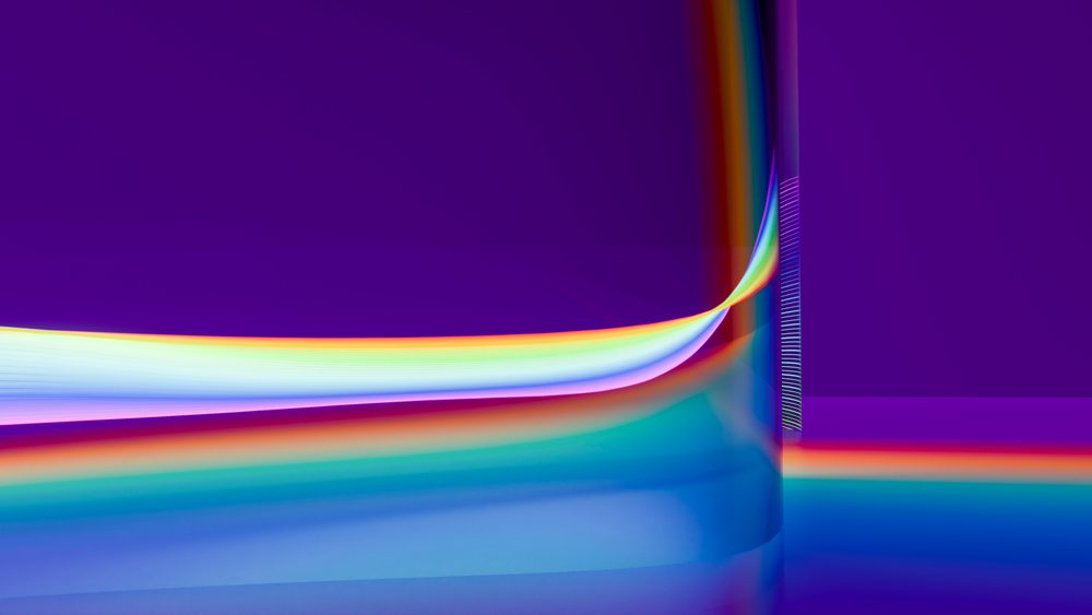 Abstract digital illustration of vibrant rainbow gradient curves on a purple background with smooth glowing reflections.