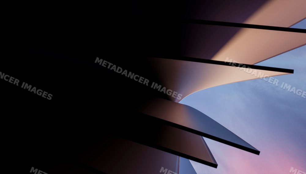 Abstract rendering of modern curved architectural structure at sunset