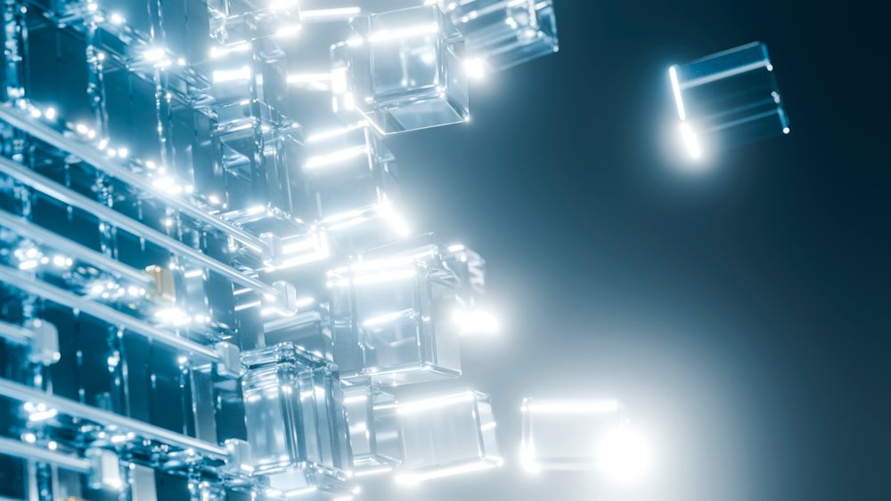 Cluster of glowing transparent cubes floating over a blue background in a 3D digital abstract illustration.
