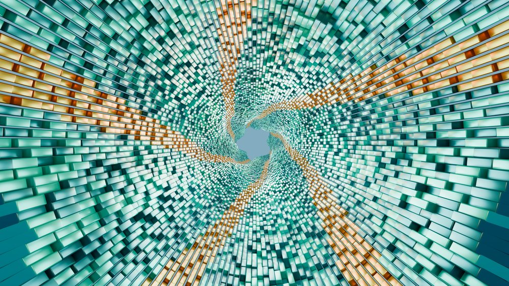 Abstract digital spiral pattern composed of blue-green and orange 3D cubes creating a geometric tunnel effect.