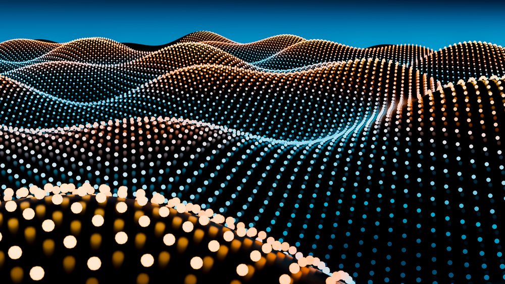 Digital abstract illustration of glowing dot waves forming a dynamic, flowing pattern against a black background.
