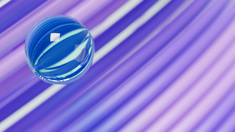 Blue glass marble resting on a purple striped surface with abstract light reflections in a digital illustration.