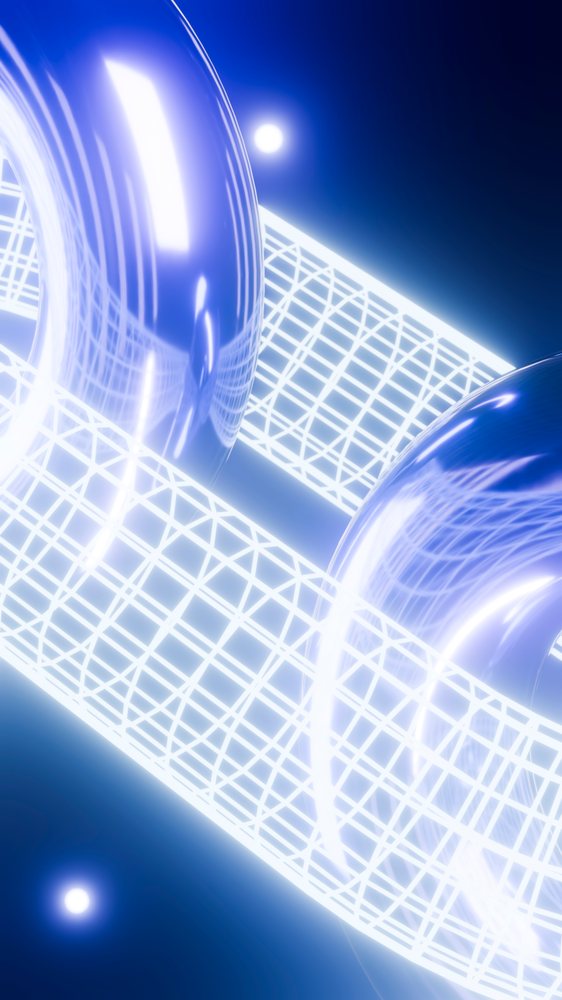 Glowing abstract 3D spheres and rings form a futuristic network pattern on a blue background with reflective surfaces.