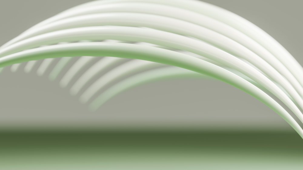 Curved white tubes form repeating arches against a green gradient background in a minimalist abstract design.