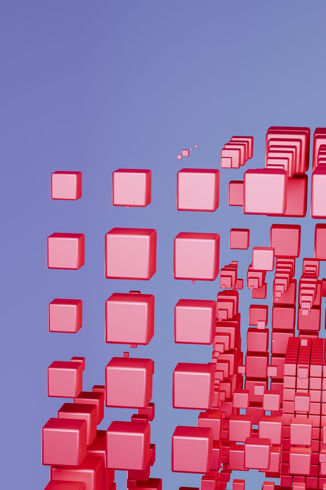 Pink 3D cubes floating in an abstract blue background forming a geometric digital art composition.