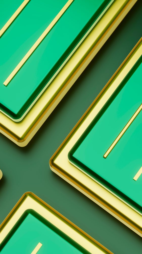 Abstract digital illustration showing overlapping green rectangles with gold accents forming a geometric pattern.