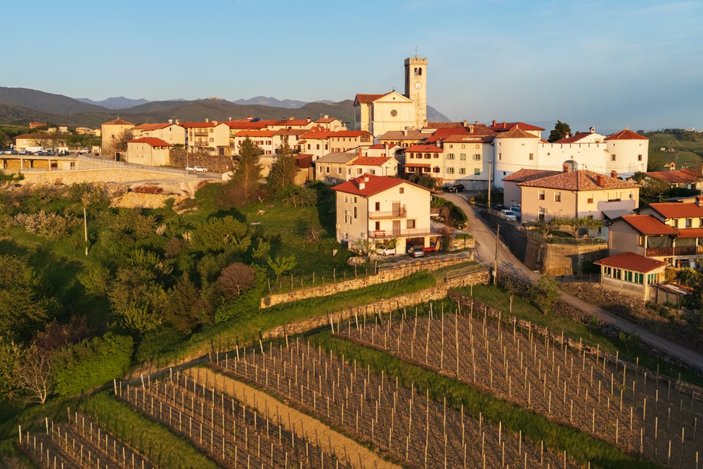 Šmartno village in Vipava Valley, with Vineyards and a clock tower at Sunset among hills and mountains, landscape, cityscape, Slovenia.