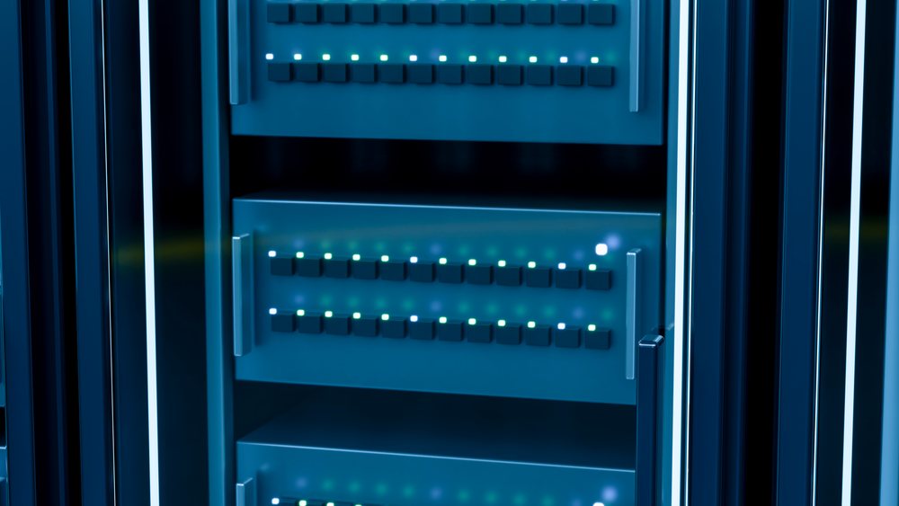 Vertical stack of rack-mounted servers with blue, white, and green LED indicator lights in a data center environment.