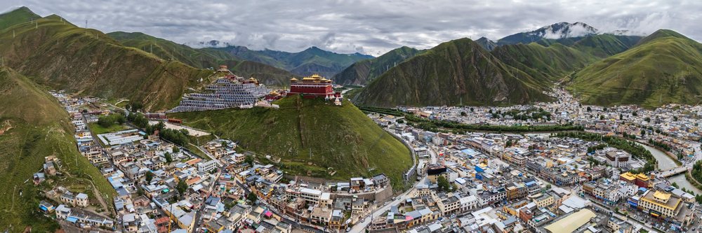 Aerial view of Jiegu Monastery atop a hill, Yushu, Qinghai Province, Kham Tibet.