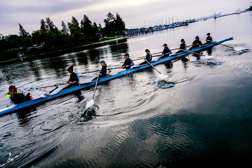 A rowing team rows together in a synchronized effort on calm water