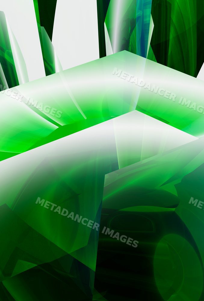 Digital abstract artwork with flowing green geometric shapes