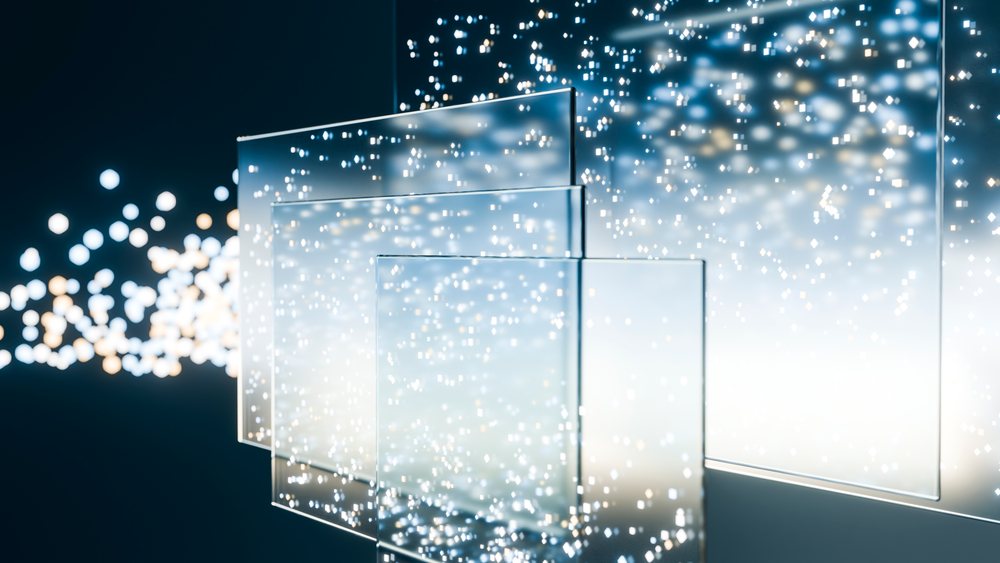 Multiple transparent glass panels float in layers with glowing light particles against a dark blue abstract background.