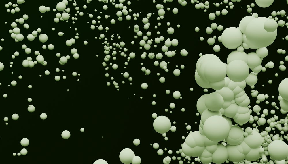 3D green spheres floating and clustering together against a black background in a digital abstract composition.
