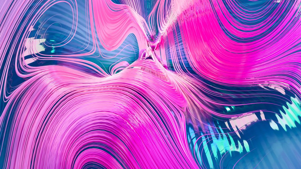 Abstract digital illustration features vibrant pink and purple swirling fluid waves in a dynamic flowing pattern.