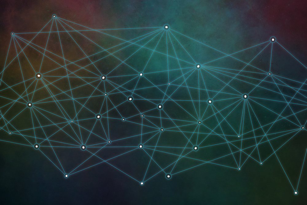 abstract blue digital network illustration with connected nodes on dark background.