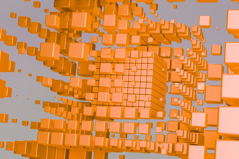 Orange abstract 3D cubes arranged in a floating geometric pattern with a gray background.