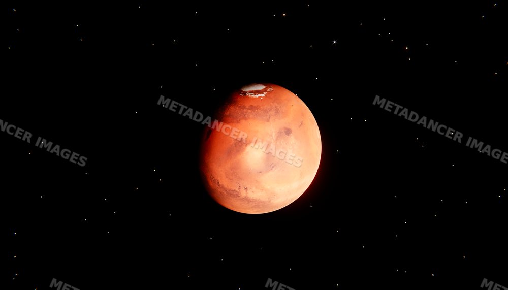 Red planet with polar ice cap floating in outer space