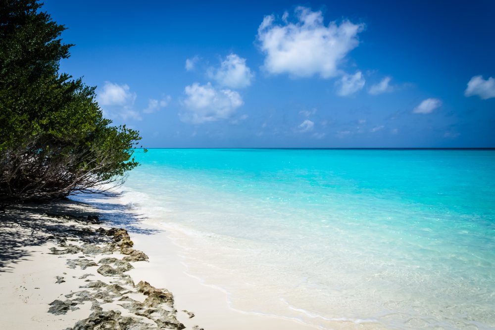 Beach scene showing turquoise ocean water, white sand, green trees, and rocks under a blue sky with white clouds, summer, Holliday, travel, landscape, Maldives.