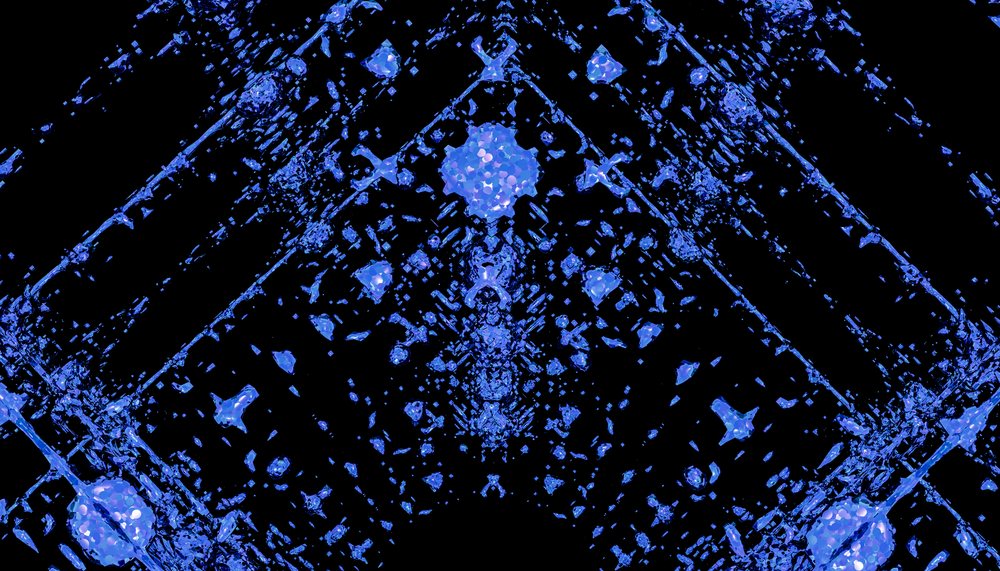 Blue crystalline fractured pattern with reflective shards on a black background in a digital abstract style.