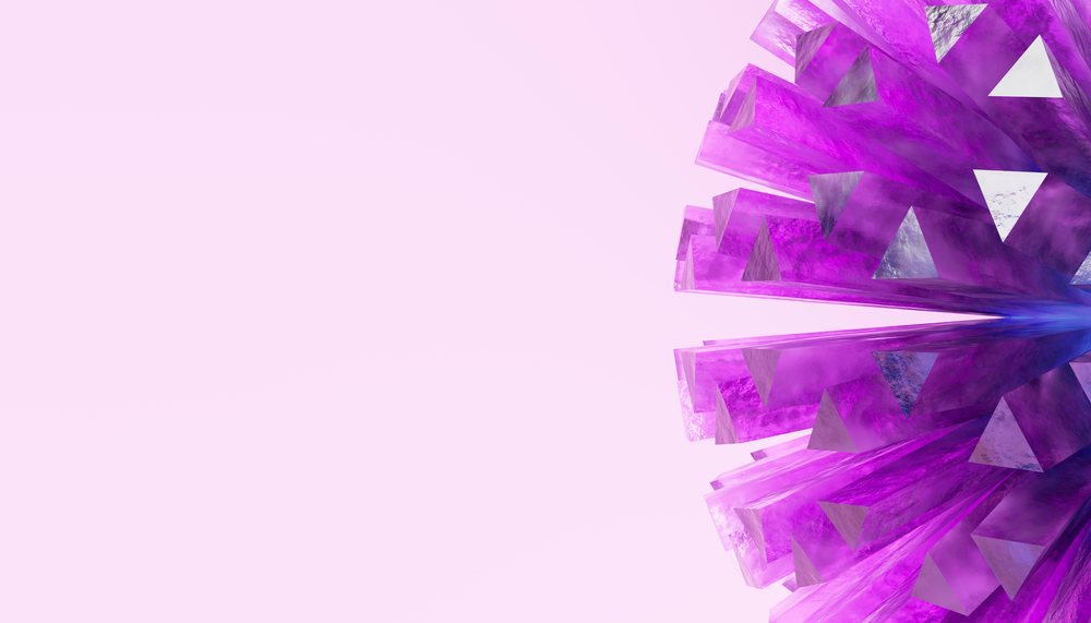 Purple triangular prism 3D abstract structure on a pink background in digital art style.