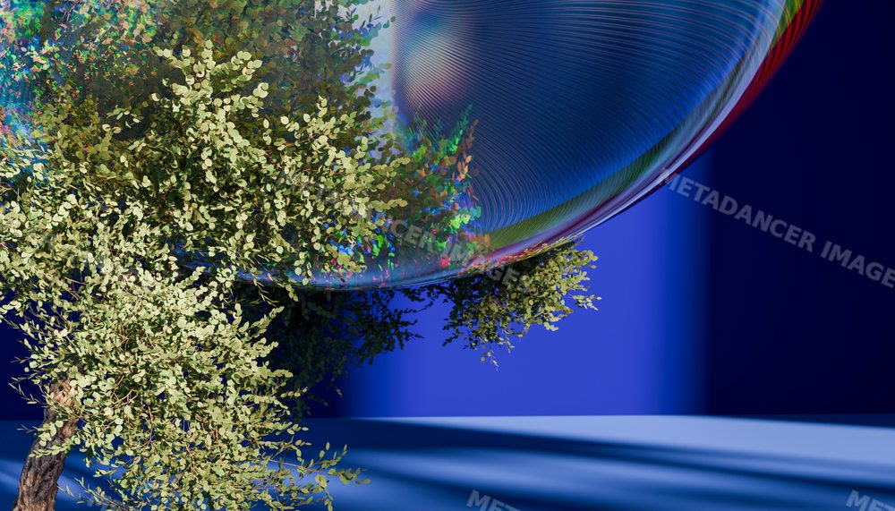 A tree partially reflected in a large bubble with a blue background