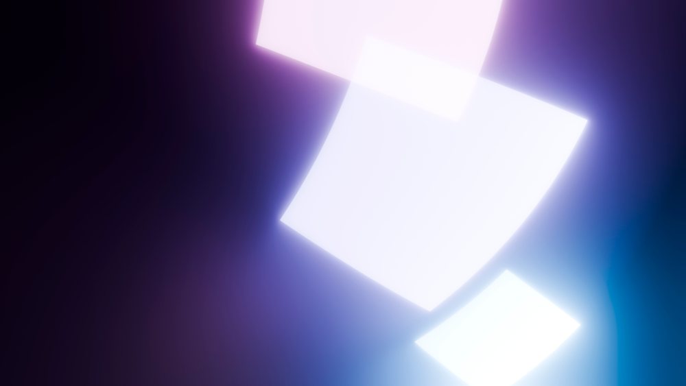 Glowing translucent squares emitting soft radiant light float against a dark background with a purple to blue color gradient.