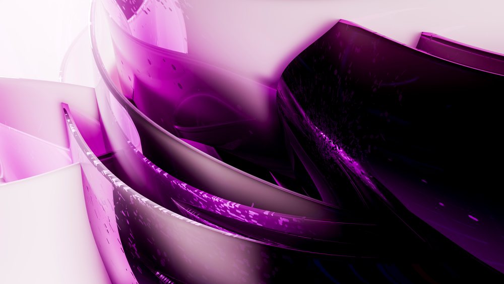 Digital abstract artwork of smooth shiny purple curved shapes with reflective highlights and dynamic flowing forms.