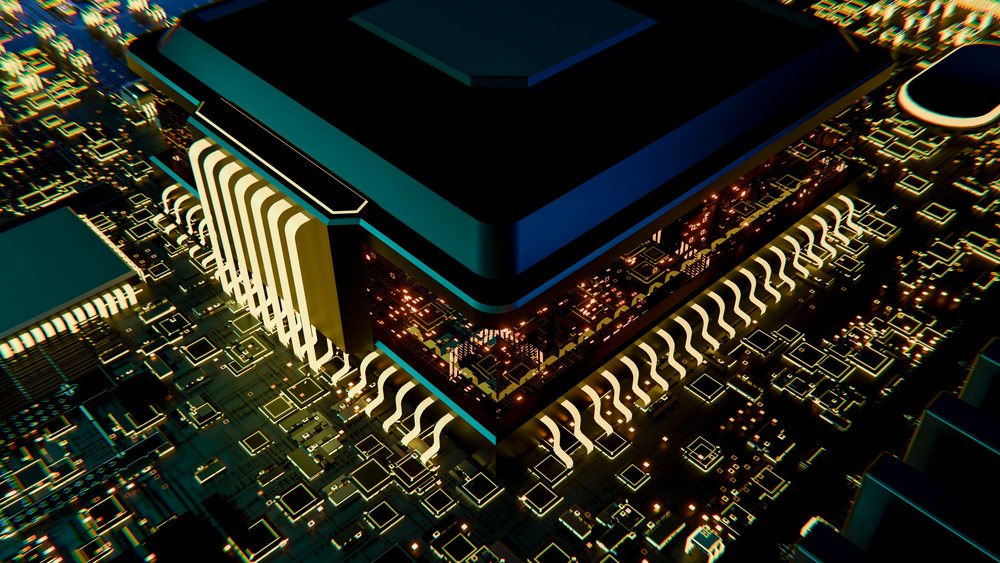 3D render of a computer chip on a circuit board showing intricate electronic components and glowing connections.
