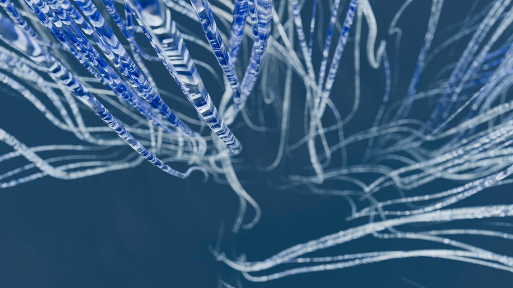 Network cables and fiber optic strands illustrating data transmission and technology connectivity.