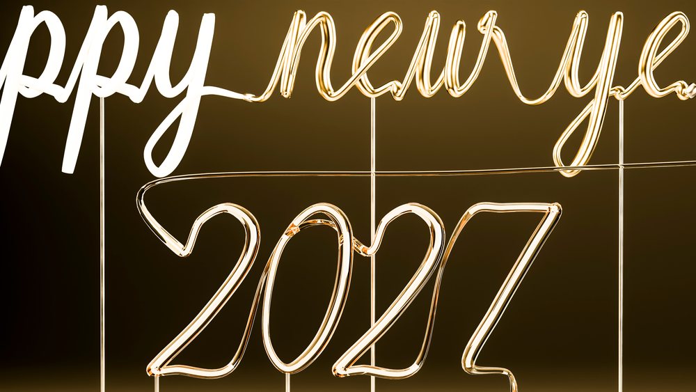 Glowing Happy New Year 2027 neon sign on dark background celebrating the upcoming year.