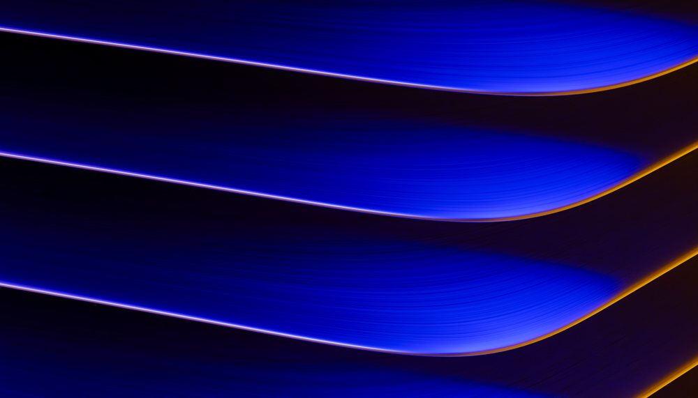 Abstract digital render featuring flowing blue curves with orange edges on a dark background with glowing light effects.