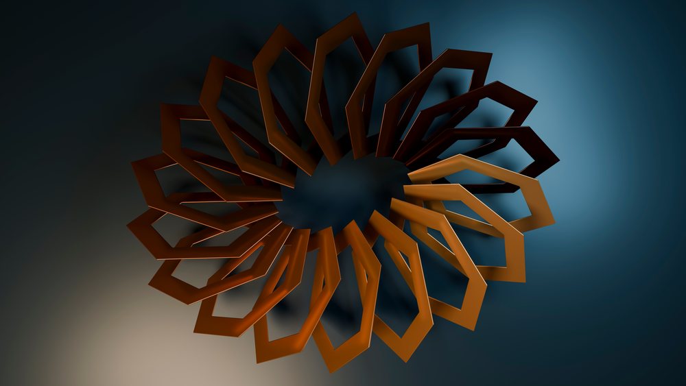 Three-dimensional hexagonal rings form a circular geometric pattern with shadows on a dark background.