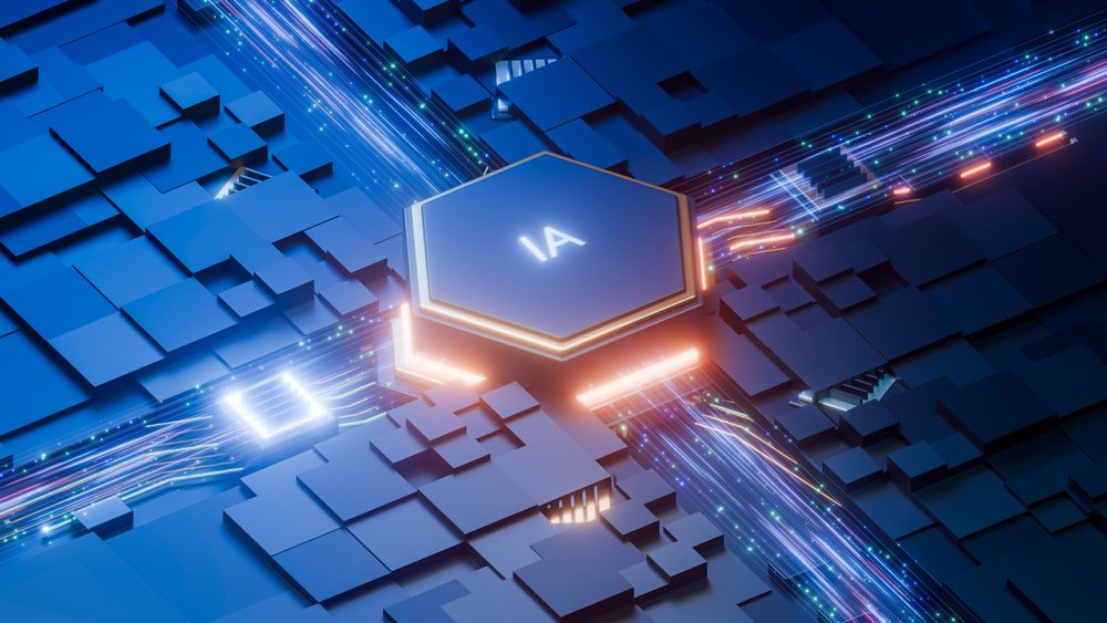 Artificial intelligence microchip resting on a blue futuristic circuit board with glowing digital data streams and electronic components.