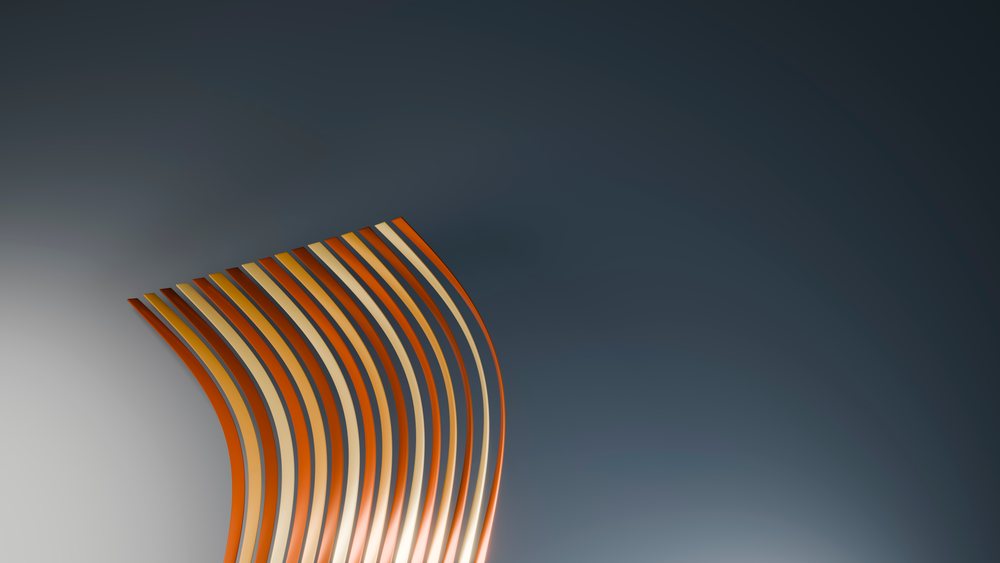 Symmetrical wave pattern of orange and beige curved stripes in a modern 3D digital artwork.
