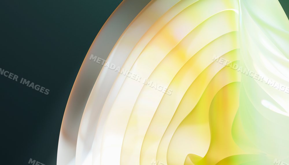 Abstract layered translucent shapes glowing with soft yellow and green
