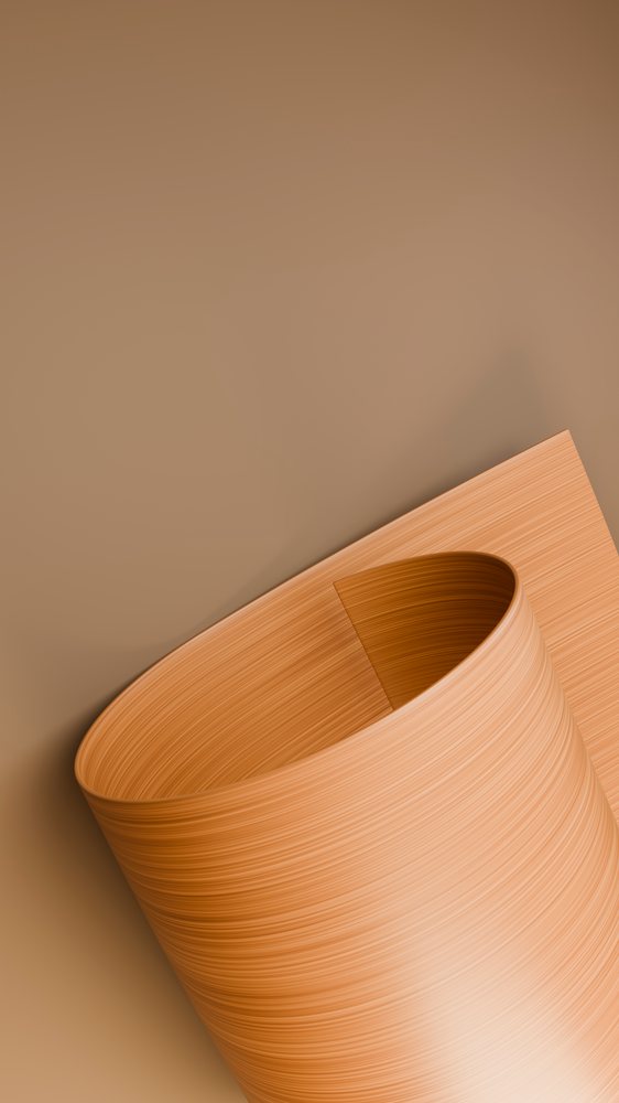 Close-up of a curled sheet of brown paper with wood-like texture on a solid brown background.