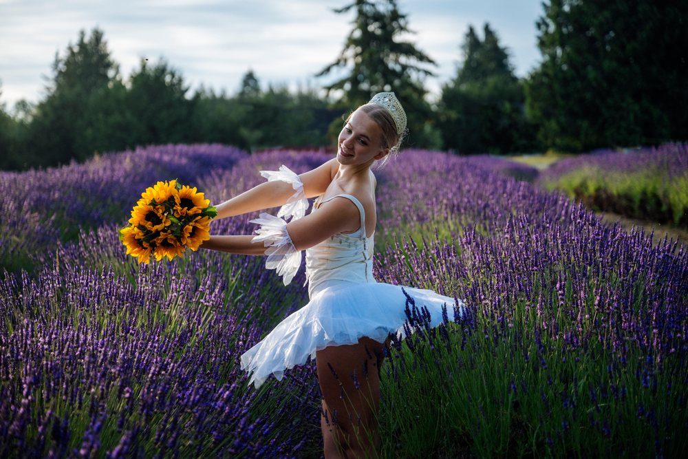 A ballerina wearing a white tutu and headpiece holds a bouquet of sunflowers while posing gracefully in a lavender field, WA, USA.
