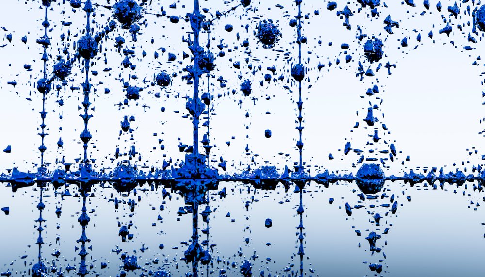 Blue 3D digital fractal clusters forming an abstract network on a reflective surface.